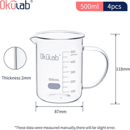 Glass Beakers with Handle, 2 Pcs Vol 600ml 3.3 Borosilicate Glass Beaker Measuring Cups with Spout for Laboratories, Classrooms or Home, Lab Beakers, BKLGH600A2