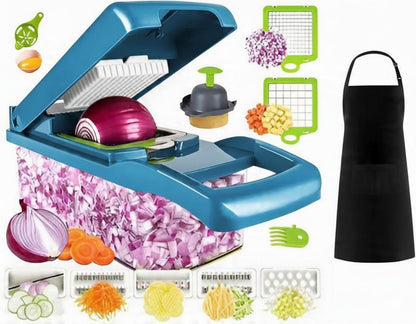 Kalmat Dynamics Food Chopper and Vegetable Slicer, 16-in-1 Multi-Function Kitchen Chopper with 7 Blades and Container, Free Black Cooking Apron (Pink+White)