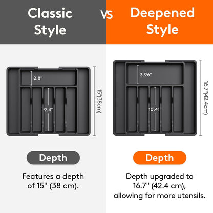 Lifewit Silverware Drawer Organizer, Expandable Utensil Tray for Kitchen, BPA Free Flatware and Cutlery Holder, Adjustable Plastic Storage for Spoons Forks Knives, 11-18 x 14", Black