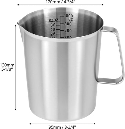 QWORK 304 Stainless Steel Measuring Cup 32 OZ with OZ/ML Graduations, 4 Cup Kitchen Mixing Pitcher, Precision Engraved Markings, Container for Baking and Frothing, 1 Liter