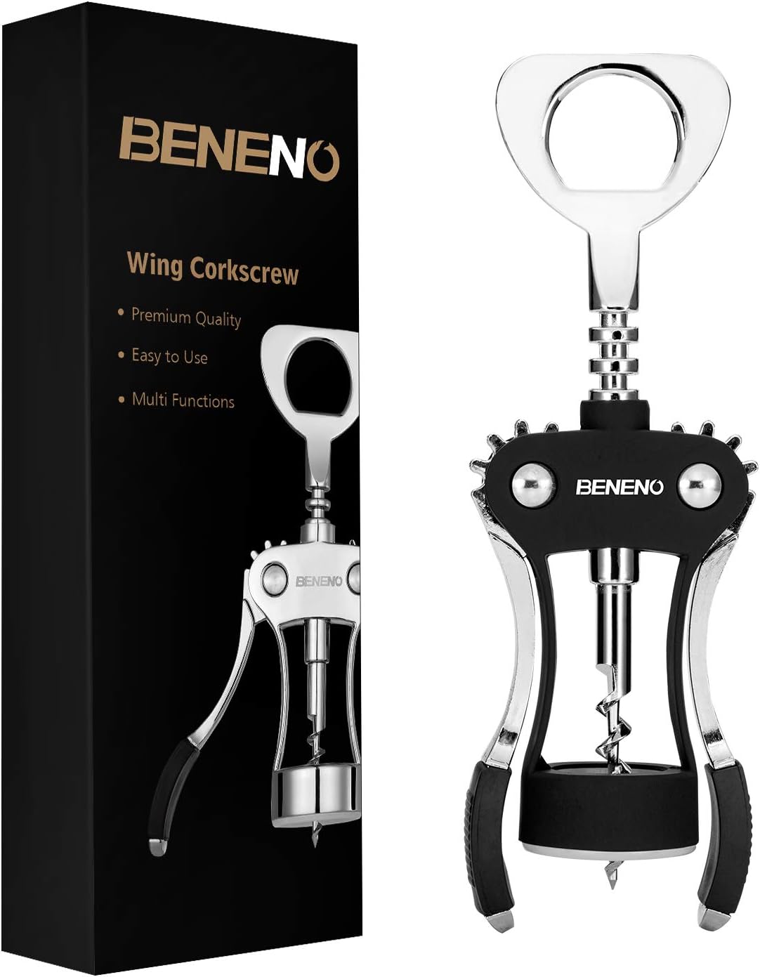 Beneno Wine Opener, Zinc Alloy Premium Wing Corkscrew with Multifunctional Bottles Opener, Sharp Wine Corkscrew with Ergonomic Non-Slip Wing Handle, Silver