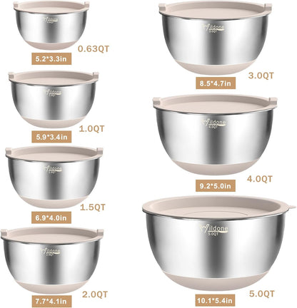 Wildone Mixing Bowls with Airtight Lids, 27 PCS Stainless Steel Nesting Bowls, with 3 Grater Attachments, Scale Mark & Non-Slip Bottom, Size 5, 4, 3, 2, 1.5, 1, 0.63QT, Ideal for Mixing & Prepping