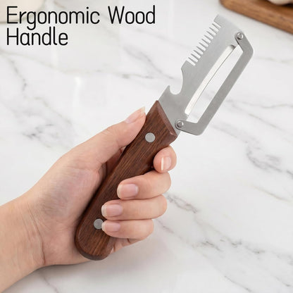 3 in 1 Vegetable Peeler for Kitchen with Wood Handles, Stainless Steel Blade and Bottle Opener - Multi-Functional Julienne Peeler for Fruit, Orange, Potato, Carrot, Green Onion