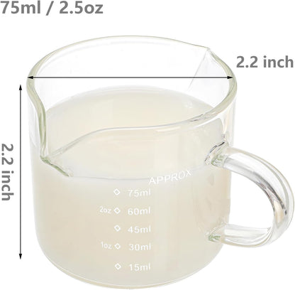 Yarlung 4 Pack Measuring Cups Espresso Shot Glasses, Double Spouts Espresso Cup Glass Graduated 75 ML/ 2.5 OZ for Milk Pitcher, Coffee Maker Accessories