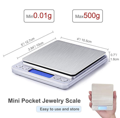 Food Scale Digital Weight Grams and Ounces, 0.001oz/0.01g 500g Kitchen Scale for Food with Backlight LCD Display, Tare, 9 Units, Auto Off, 2 Trays, Batteries Included - Stainless Steel
