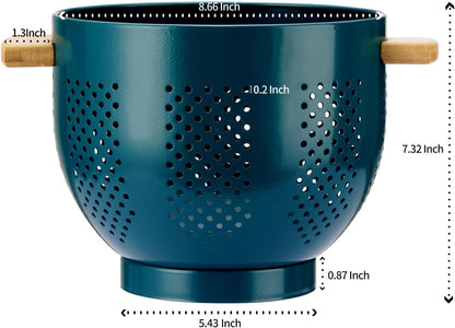 Metal Colander with Wood Handle and Stable Base, 5.5 Quart Powder Coated Steel Kitchen Strainer Basket for Draining Pasta, Vegetable and fruit,Cream