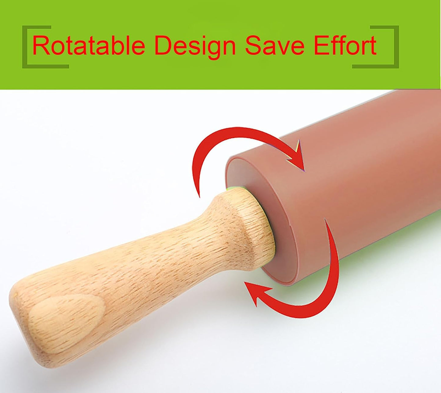 Silicone Rolling Pin, Green 9 Inch Pin with Wooden Rotatable Handle for Dough of Baking Bread, Cookie, Pizza (green, 9 inch)