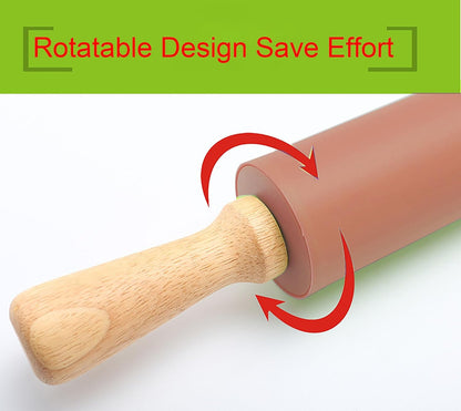 Silicone Rolling Pin, Green 9 Inch Pin with Wooden Rotatable Handle for Dough of Baking Bread, Cookie, Pizza (green, 9 inch)