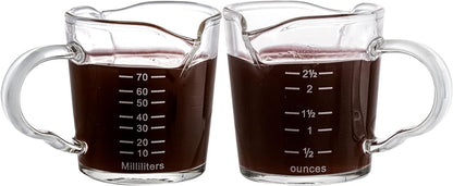 Hacaroa 4 Pack Double Spouts Measuring Cups Espresso Shot Glass with Handle, 2.5 Oz Mini Milk Triple Pitcher Barista Clear Graduated Cups for Coffee, Wine, Bar, Party
