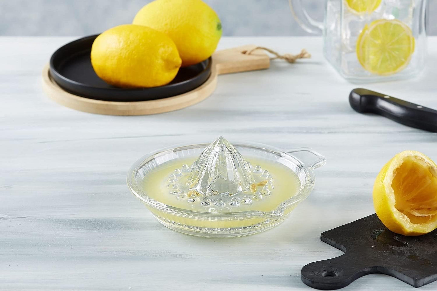 Glass Lemon Juicer, Manual Squeezer for Orange, Grapefuit, Small Citrus, Extractor Manual Hand with Handle and Pour Spout, Crystal Clear Glass 2.02oz