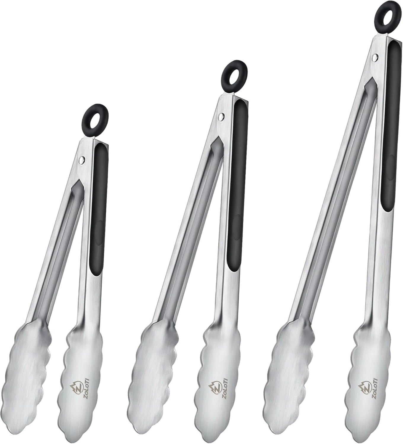 3 PCS Kitchen Tongs Set, Stainless Steel with Silicone Grips, 12, 9 & 7 Inch, Lockable Heat Resistant for Grill Camping Cooking BBQ