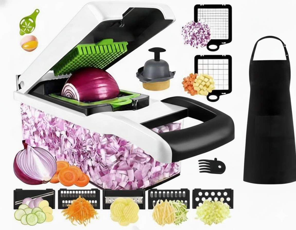 Kalmat Dynamics Food Chopper and Vegetable Slicer, 16-in-1 Multi-Function Kitchen Chopper with 7 Blades and Container, Free Black Cooking Apron (Pink+White)
