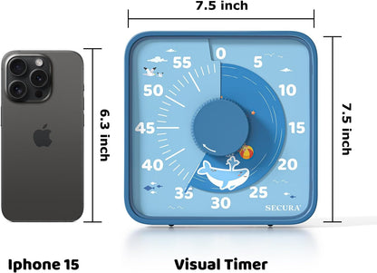 Secura 60-Minute Visual Countdown Timer, 7.5-Inch Oversize Classroom Visual Timer for Kids and Adults, Durable Mechanical Kitchen Timer Clock with Magnetic Backing (Blue)