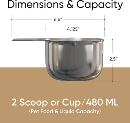 Color Up 2 Scoop (2 Cup / 480 ml) Stainless Steel Pet Food Measuring Scoop for Dogs, Cats, Rabbits & Birds – Dual Pour Spouts, Ergonomic Handle, Dishwasher Safe
