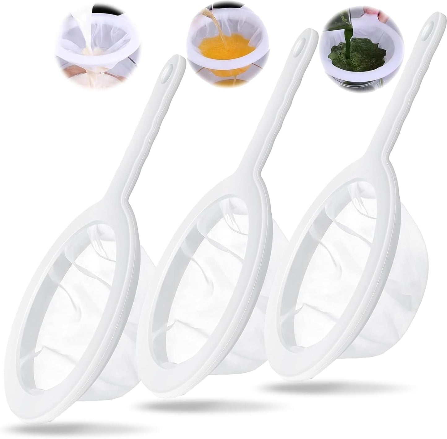3-Piece Fine Mesh Strainer Set, 400/200/100 Mesh Nylon Sieve with Handle for Tea, Coffee, Nut Milk, Juice, Yogurt, Broth - Reusable, Dishwasher Safe Food Strainers