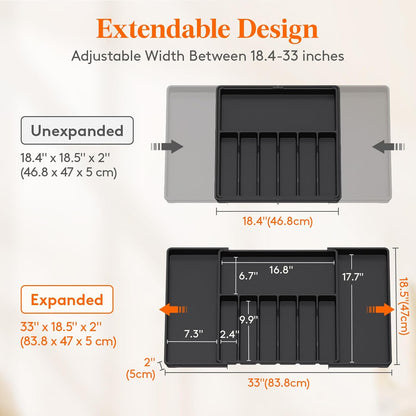 Lifewit Silverware Drawer Organizer, Expandable Utensil Tray for Kitchen, BPA Free Flatware and Cutlery Holder, Adjustable Plastic Storage for Spoons Forks Knives, 11-18 x 14", Black