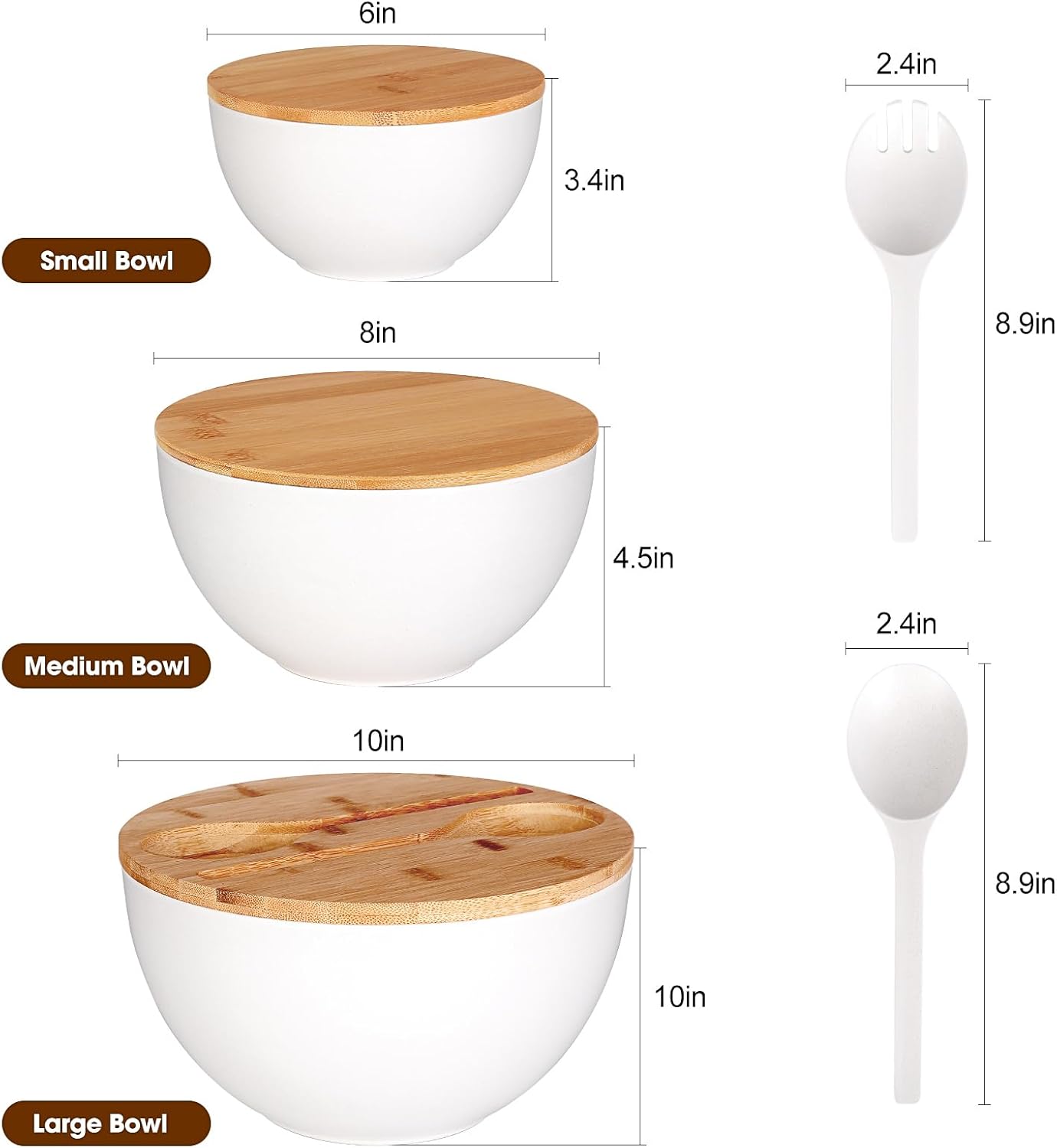 ShineMe Salad Bowl Set of 3, Natural Bamboo Fiber Salad Serving Bowls with Lids,Mixing Bowl for Preparing and Serving Salad, Cereal, Fruit, Veggies, Popcorn,Chips & Bread(10",8",6")