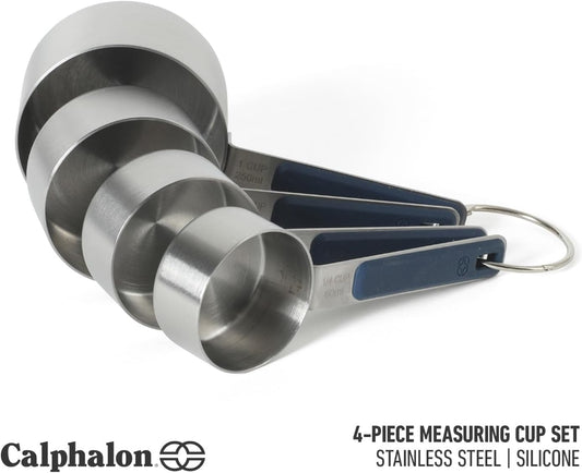 Calphalon Prime Measuring Spoons, Plastic Measuring Spoon Set, 5-Piece Stainless Steel Measuring Spoons Navy Silicone Handle Accurate, Durable for Spices and Small Portions