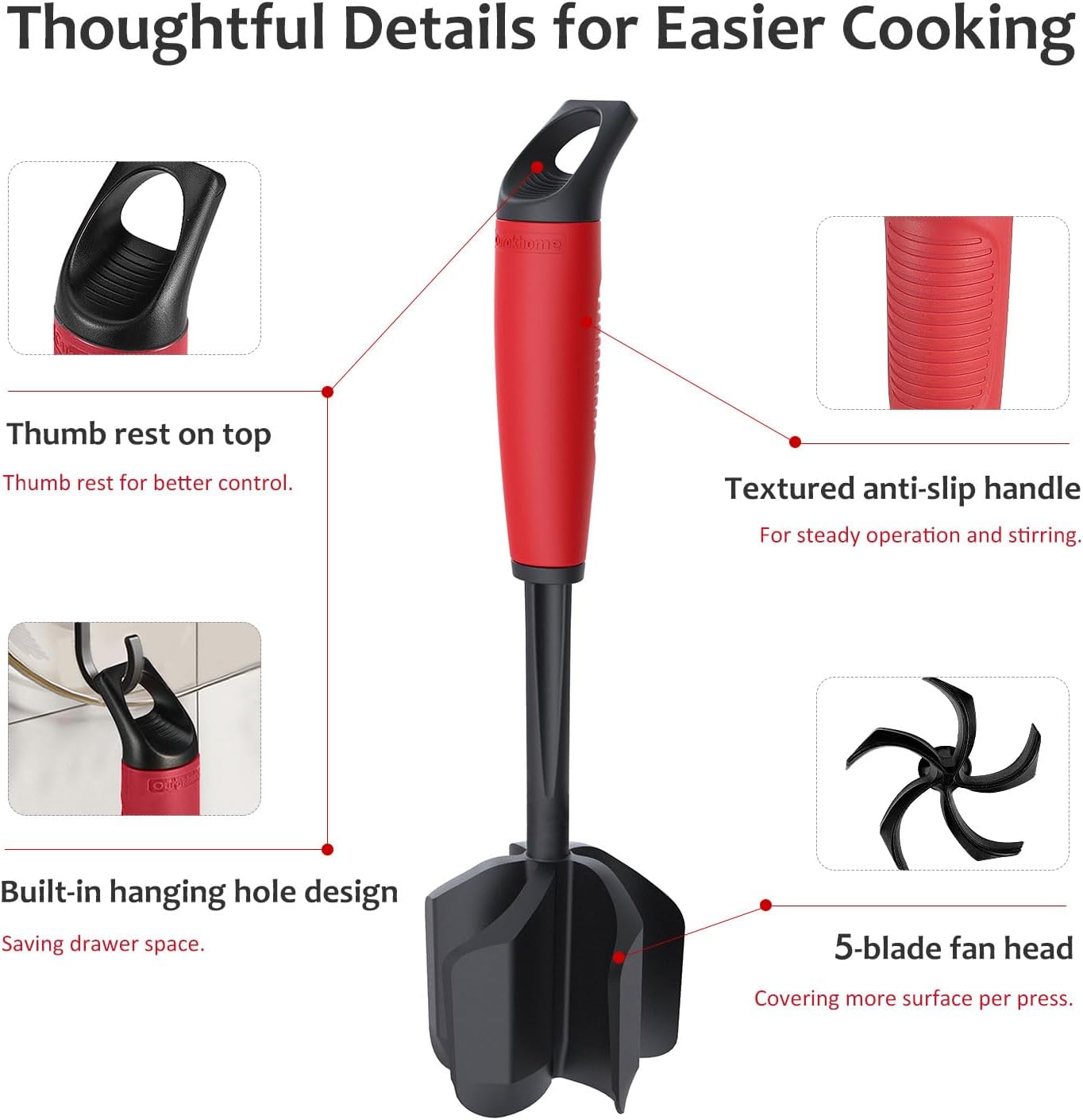 Ourokhome Meat Chopper and Potato Masher, Heat Resistant Nylon Ground Beef Smasher for Hamburger, 5 Curved Blades Nonstick Mixer & Stirrer, Practical Kitchen Gadgets, Black