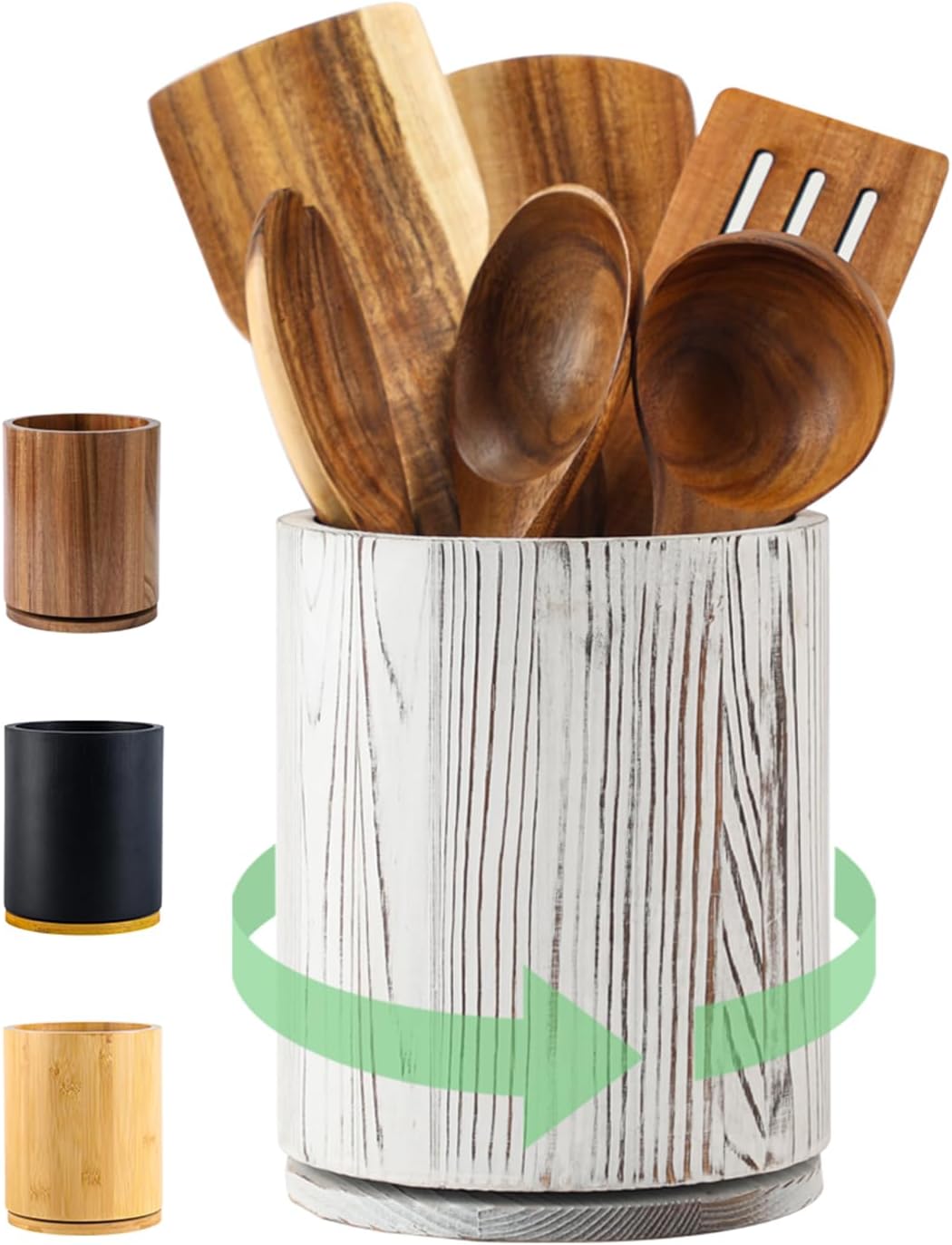 Wooden Utensil Holder, 360°Rotating 7.3'' Large Utensil Holder for Kitchen Counter, Kitchen Utensil Organizer, Utensil Crock, Farmhouse Kitchens Countertop Decor, Acacia Wood