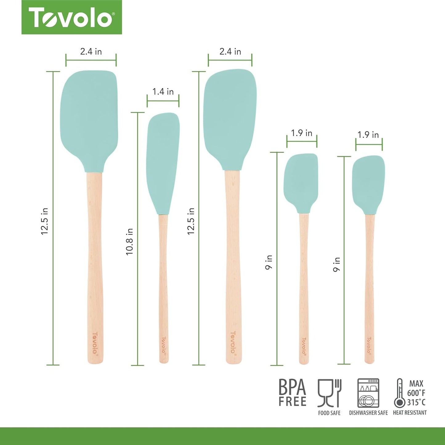 Tovolo Silicone Spatula with Wooden Handle Set of 5 Piece Silicone Kitchen Utensil Set Spoonula Jar Scraper Mini Spatula and Spoonula for Cooking Baking Mixing Folding Black Cookware Set