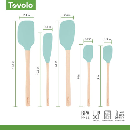 Tovolo Silicone Spatula with Wooden Handle Set of 5 Piece Silicone Kitchen Utensil Set Spoonula Jar Scraper Mini Spatula and Spoonula for Cooking Baking Mixing Folding Black Cookware Set