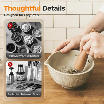 Handmade Garlic Grater and Herb Bowl,Herb Stripper Bowl with Grater,2-in-1 Stoneware Kitchen Prep Tool with 7 Hole Sizes (2 PCS)