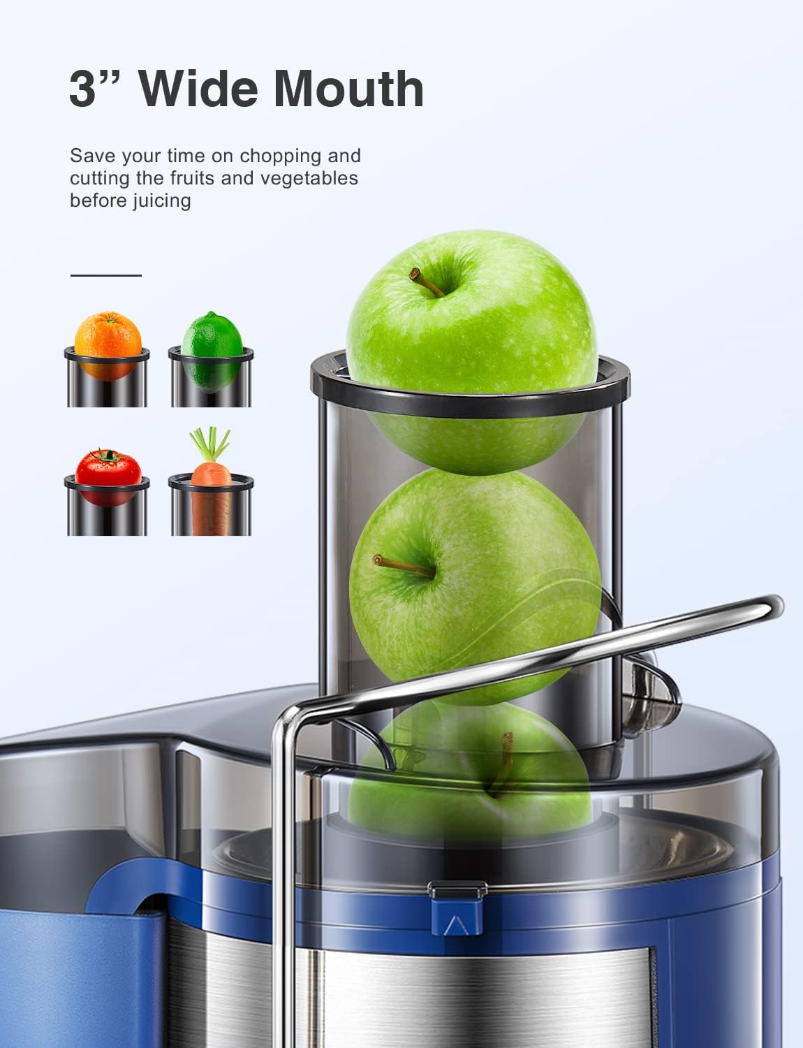 Qcen Juicer Machine, 500W Centrifugal Juicer Extractor with Wide Mouth 3” Feed Chute for Fruit Vegetable, Easy to Clean, Stainless Steel, BPA-free (Black)