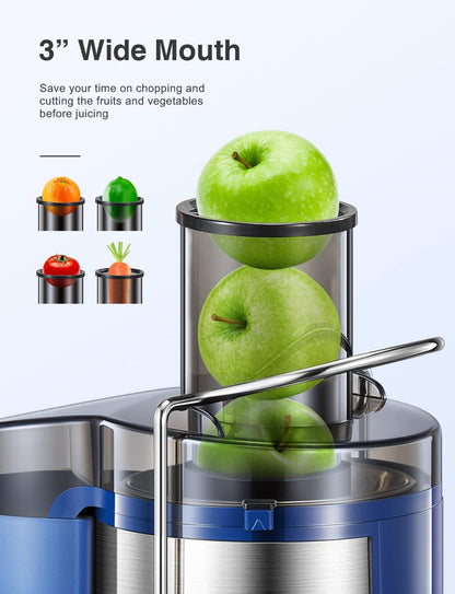Qcen Juicer Machine, 500W Centrifugal Juicer Extractor with Wide Mouth 3” Feed Chute for Fruit Vegetable, Easy to Clean, Stainless Steel, BPA-free (Black)