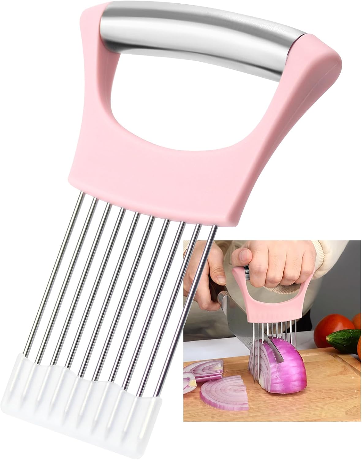 Stainless Steel Onion Holder for Slicing,Onion Slicer Holder, Onion Cutter for Slicing of Onions, Tomatoes,Avocados,Eggs and Other Vegetables, Kitchen Utensils Gift (Blue)