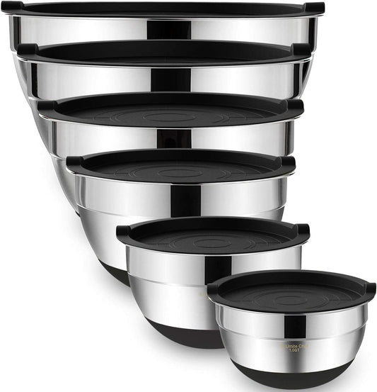 Umite Chef Mixing Bowls with Airtight Lids, 6 piece Stainless Steel Metal Nesting Storage Bowls, Non-Slip Bottoms Size 7, 3.5, 2.5, 2.0,1.5, 1QT, Great for Mixing & Serving (Khaki)