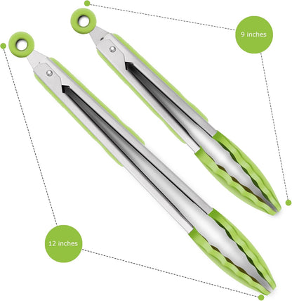 2 Pack Black Kitchen Tongs, Premium Silicone BPA Free Non-Stick Stainless Steel BBQ Cooking Grilling Locking Food Tongs, 9-Inch & 12-Inch