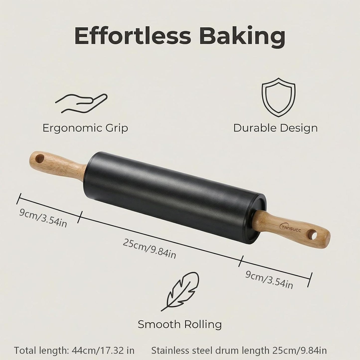 Stainless steel rolling pin by Tansucc, with wooden comfortable handle, non stick rolling pin for baking pastries, bread, and pizza.