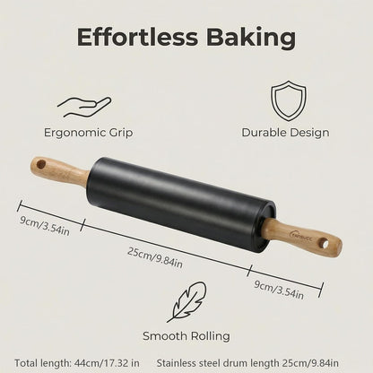 Stainless steel rolling pin by Tansucc, with wooden comfortable handle, non stick rolling pin for baking pastries, bread, and pizza.