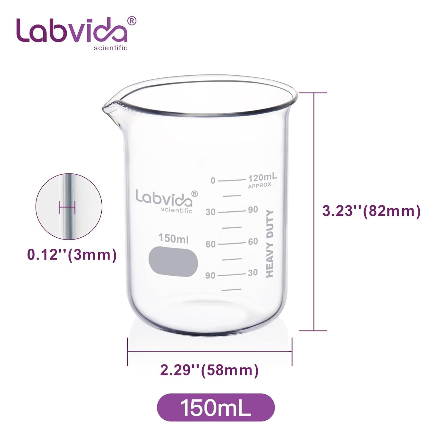 Upgrated 6 Size Low Form Glass Beaker Set, 25ml 50ml 100ml 250ml 500ml 1000ml, 3.3 Boro Glass beakers with Printed Graduation, LVA019