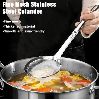 2PCS Stainless Steel Fine Mesh Skimmer, Fat Skimmer Spoon, 2 Sizes Long Handle Hand Held Strainer, Grease Spoon Skimmer For Cooking, Frying, Pasta, Egg, Foam