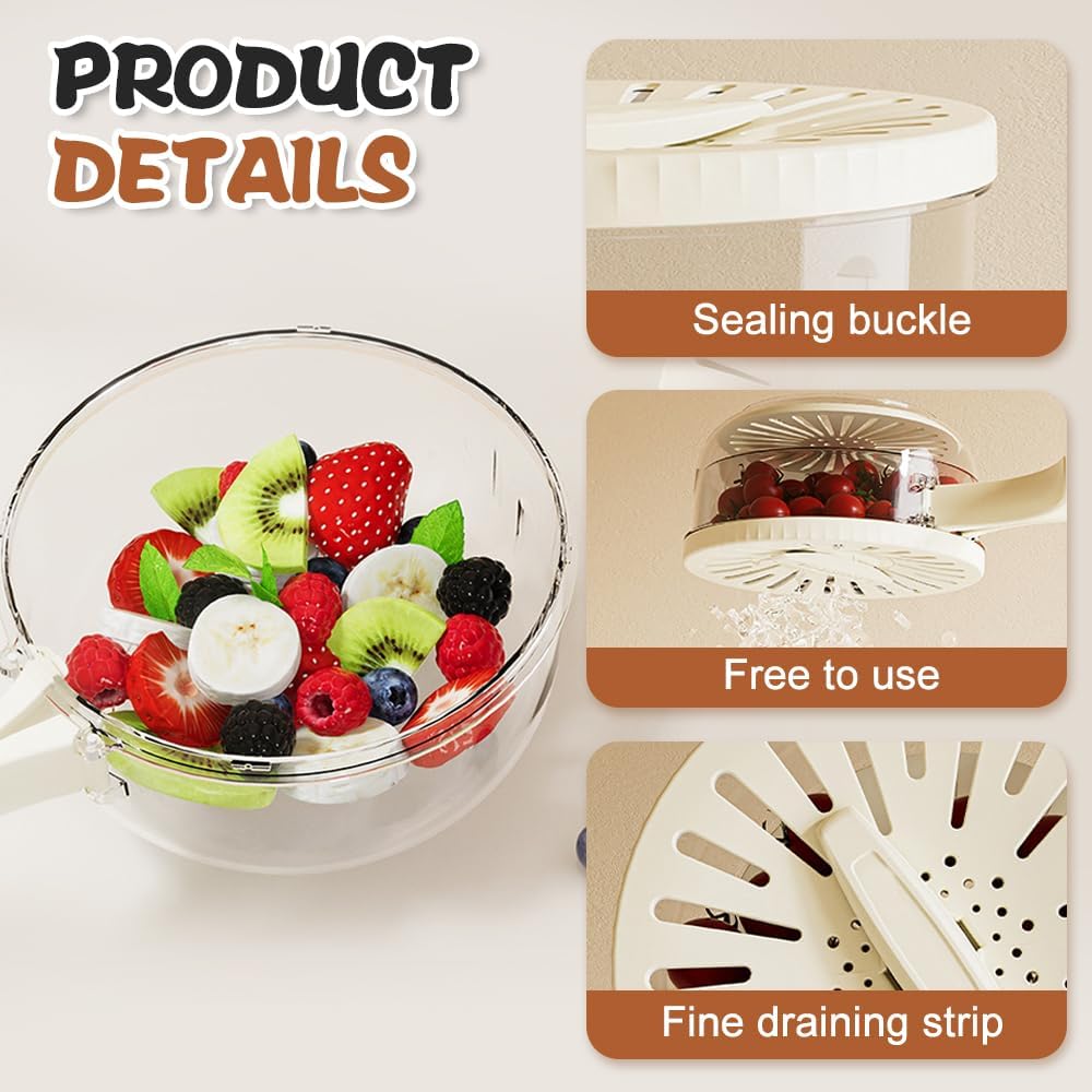 Multi-Functional Fruit and Vegetable Washing Bowl, Fruit Strainer Container with Lid, 2 In 1 Sealed Drainer Basket, Drainer and Freshness Basket, Kitchen Tool with Foldable Handle (White 2pcs)