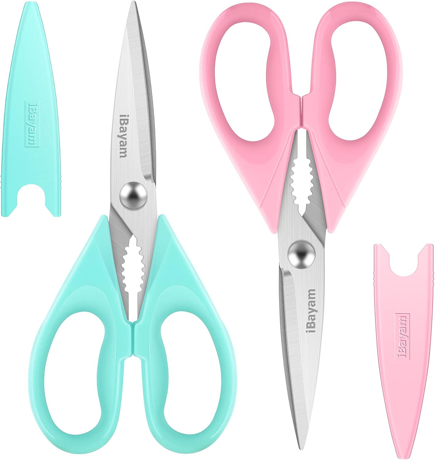 iBayam Kitchen Scissors All Purpose Heavy Duty 2 Pack with Protective Sheath, Stainless Steel Shears Kitchen Utensils Set for Cutting Food Cooking Meat Poultry Dishwasher Safe Soft Comfort-Grip