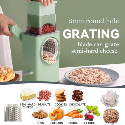 KEOUKE Rotary Cheese Grater 5 in 1 Green - Hand Crank Vegetable Cutter, Shredder, Slicer, Enlarge Input, Suction Base, Labor-Saving Handle, Blade Storage Box, for Onion, Potato, Vegetable, Nuts, etc