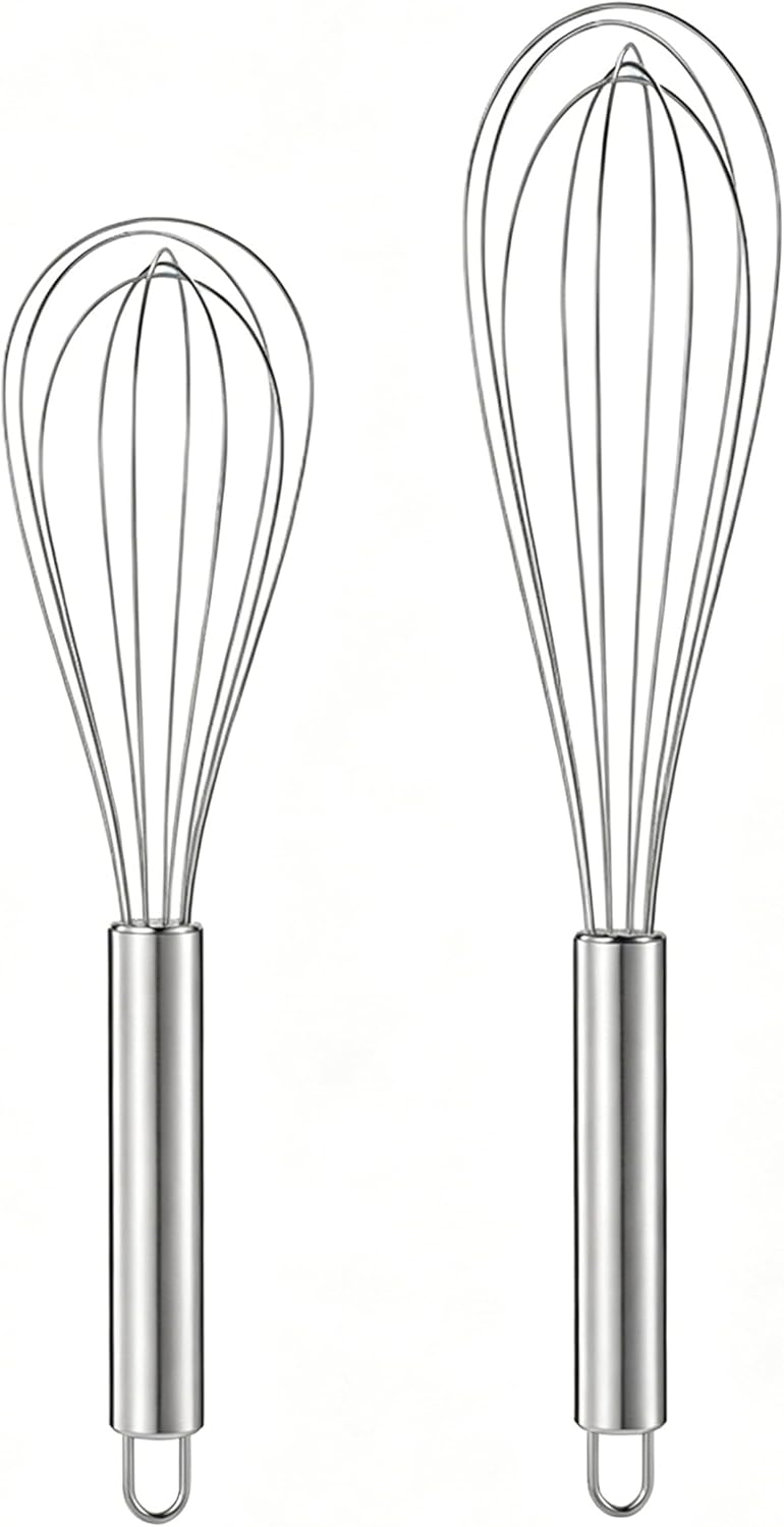 Digead Stainless Steel Whisk Set - 8"+10" Kitchen Wisk, Balloon Whisk for Baking, Cooking, Mixing, Blending, Beating Eggs, Cream, Sauces - Ergonomic Grip - 2 Pack