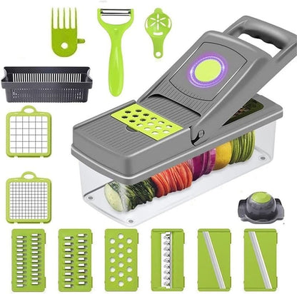 14-in-1 Vegetable Chopper with Container, Onion Chopper Dicer, Multifunctional Food Slicer and Grater with 7 Blades, Safe Mandoline Slicer for Kitchen, Vegetable Cutter for Potato, Tomato, Onion