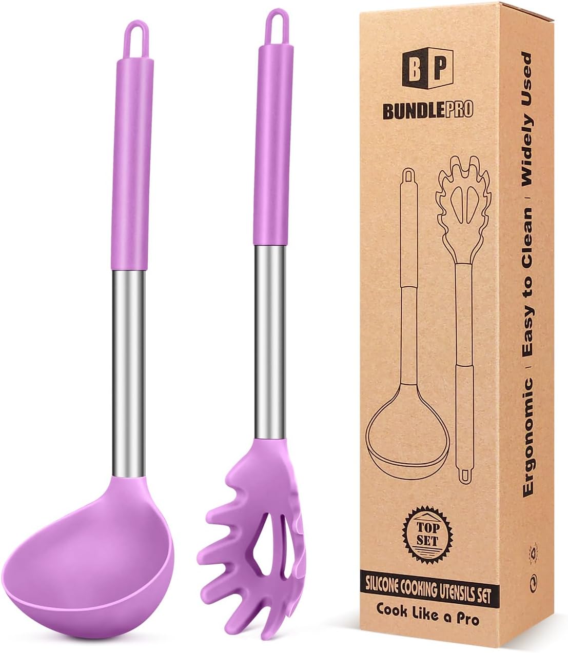 Silicone Pasta Fork and Ladle Spoon Set, Large Non Stick Kitchen Utensils for Cooking,Stirring,Serving Spaghetti, Soup, Sauce (GRAY)