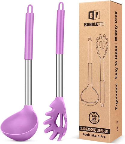 Silicone Pasta Fork and Ladle Spoon Set, Large Non Stick Kitchen Utensils for Cooking,Stirring,Serving Spaghetti, Soup, Sauce (GRAY)