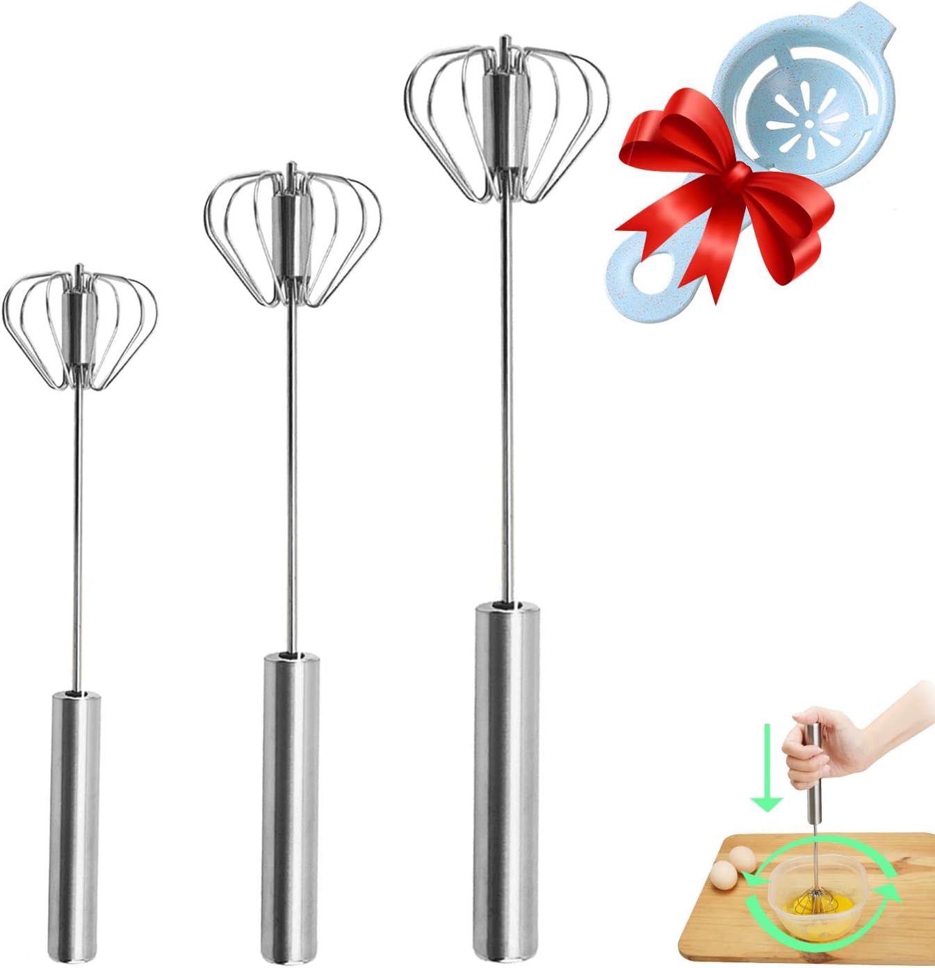 Semi-automatic Whisk, Stainless Steel Egg Beater, Hand Push Rotary Whisks Mixer Stirrer for Making Cream, Whisking, Beating and Stirring (3 Color)