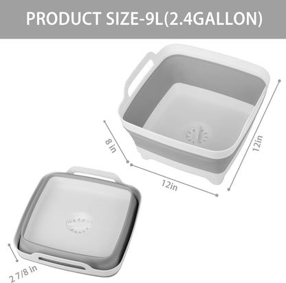 Tiawudi Dishpan for Washing Dishes, 2.4Gal/9L Wash Basin with Draining Plug Carry Handles, Collapsible Bucket for Cleaning, Portable Sink, Foldable Plastic Tub, 1PC