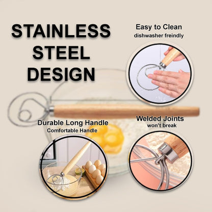 33cm Danish Dough Whisk Stainless Steel – Heavy Duty Bread Dough Mixer Tool with Wooden Handle for Baking Pizza, Sourdough, Cookies & Pastry – Easy to Clean & Rust Resistant