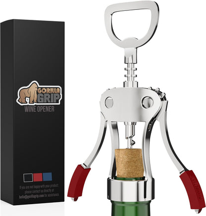 GORILLA GRIP BPA-Free Premium Wine Opener, Easy to Use Smooth Zinc Alloy Wing Corkscrew, Multifunctional Bottle Openers Remove Corks, Caps, Sharp Cork Screw, Dishwasher Safe, Bar Essentials, Black
