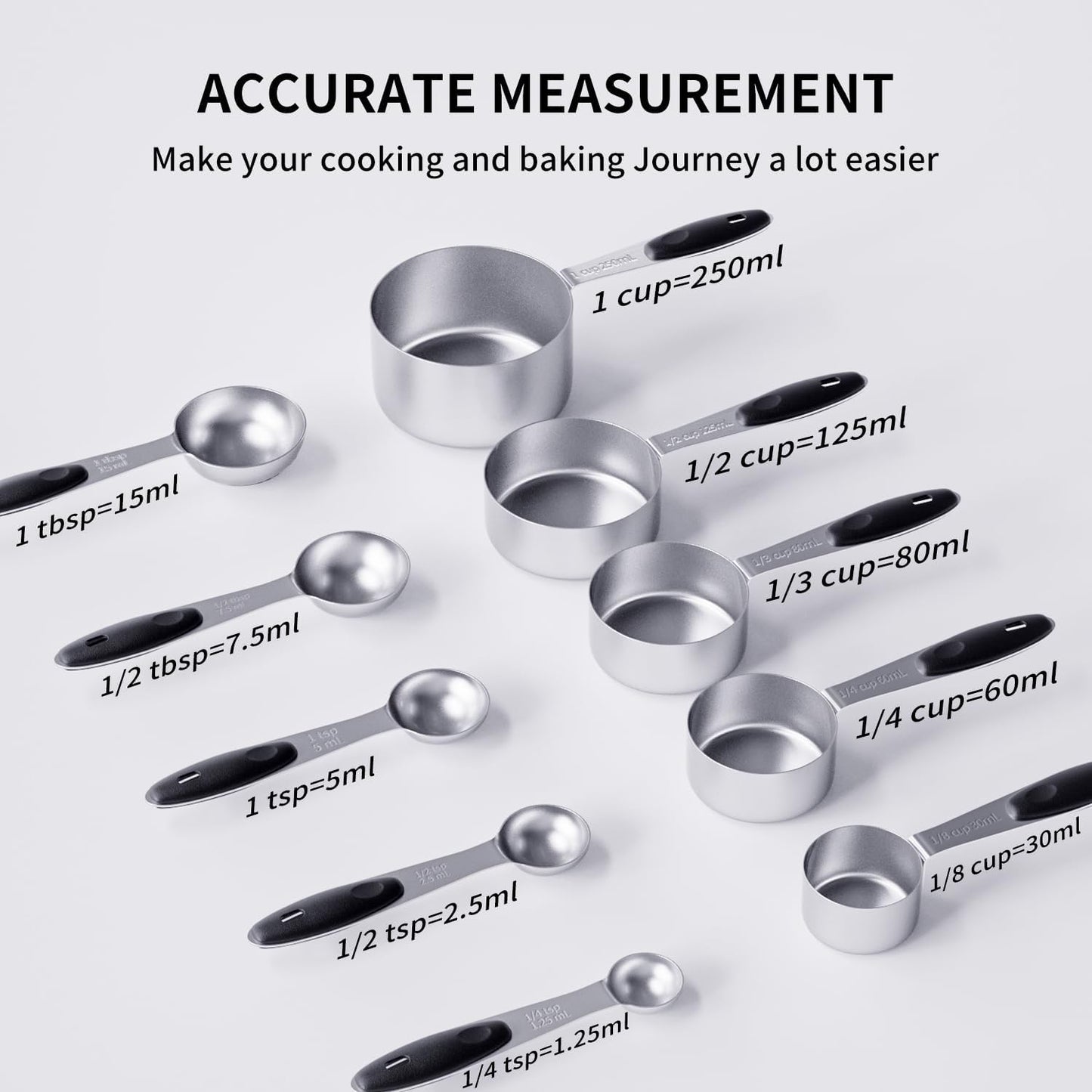ENLOY Stainless Steel Measuring Cups and Spoons Set of 10 Piece, Soft Silicone Handles and Clearly Scale, Nesting Liquid Measuring Cup Set or Dry Measuring Cups Set (Black)