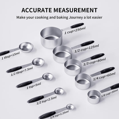 ENLOY Stainless Steel Measuring Cups and Spoons Set of 10 Piece, Soft Silicone Handles and Clearly Scale, Nesting Liquid Measuring Cup Set or Dry Measuring Cups Set (Black)