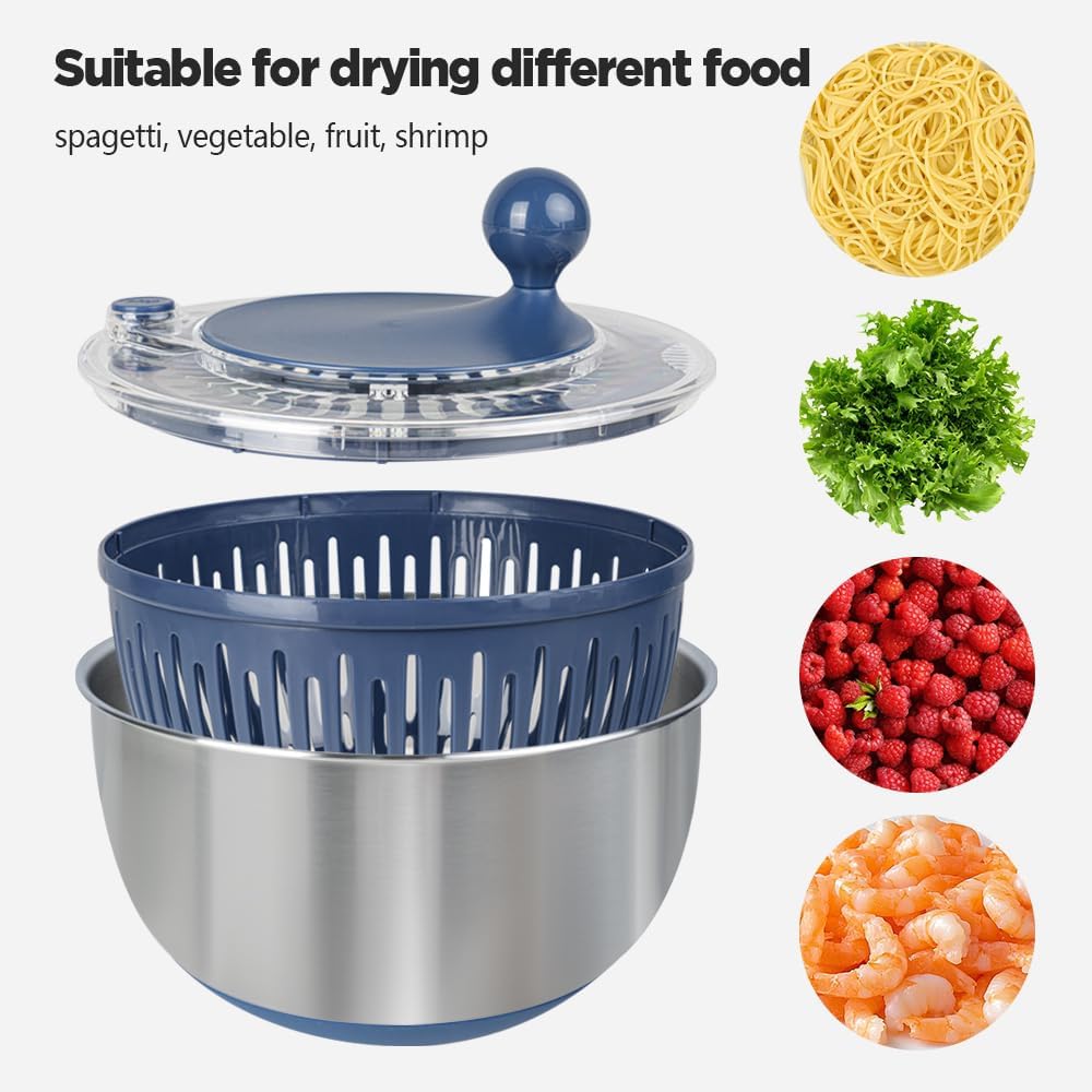 Premium 304 Stainless Steel Salad Spinner, Large 5.3 Qt Capacity, Easy to Use Lettuce Spinner, Fruit and Vegetable Washer and Dryer Spinner, Green